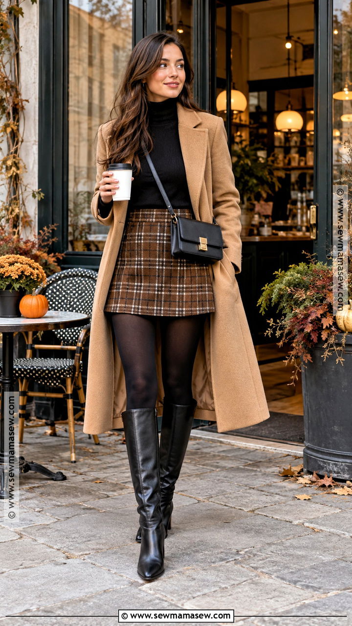 Mini Skirt And Tights Coffee Outfit - 20 Autumn Coffee Outfit Ideas