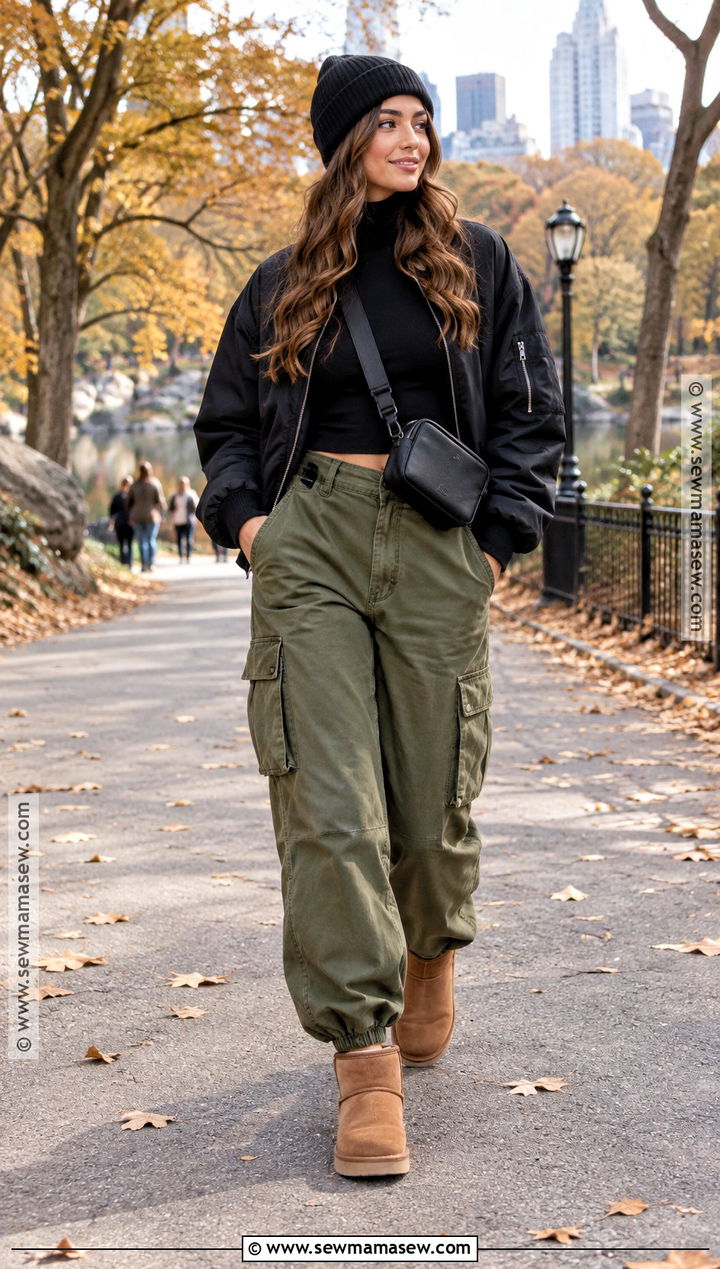 Mini UGG Boots With Cargo Pants And Bomber Jacket - 15 ugg boots outfit fall