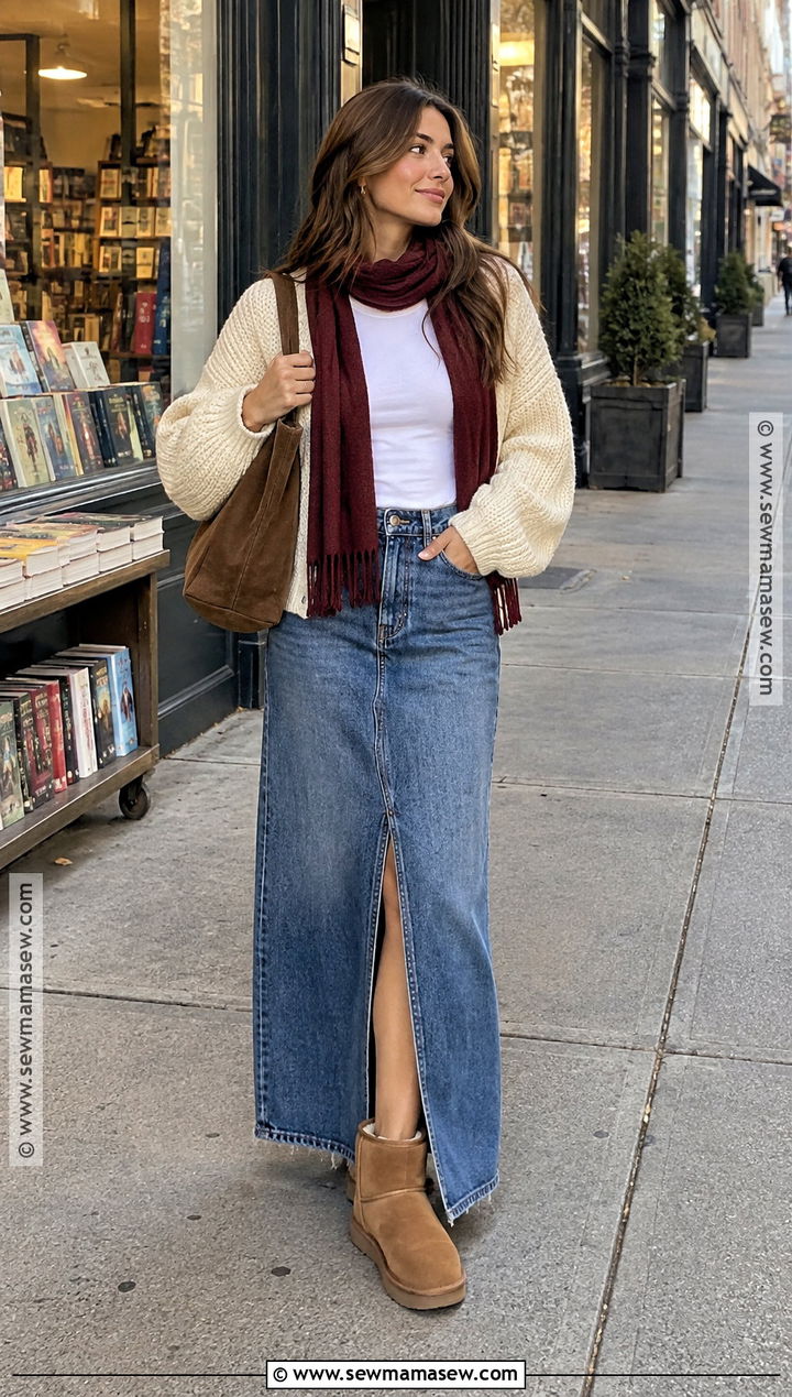 Mini Uggs With A Denim Maxi Skirt And Cardigan - 15 mini uggs outfit fall ideas