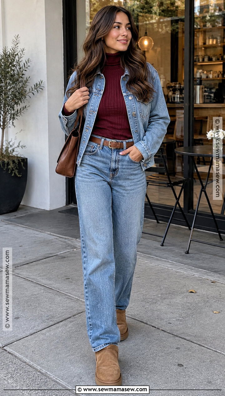 Mini Uggs With Double Denim And A Turtleneck - 15 mini uggs outfit fall ideas