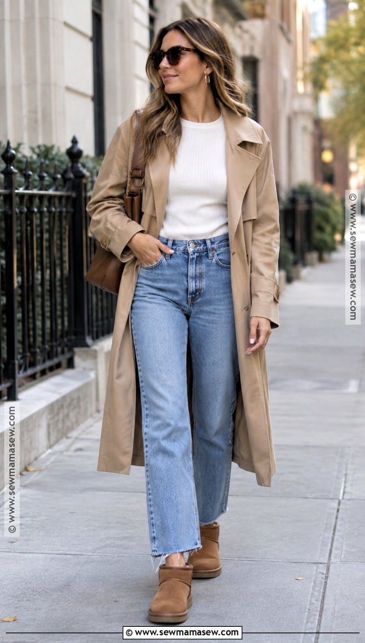 Mini Uggs With Straight Leg Jeans And A Trench Coat - 15 mini uggs outfit fall ideas