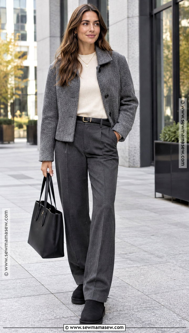 Mini Uggs With Tailored Trousers And A Knit Sweater - 15 mini uggs outfit fall ideas