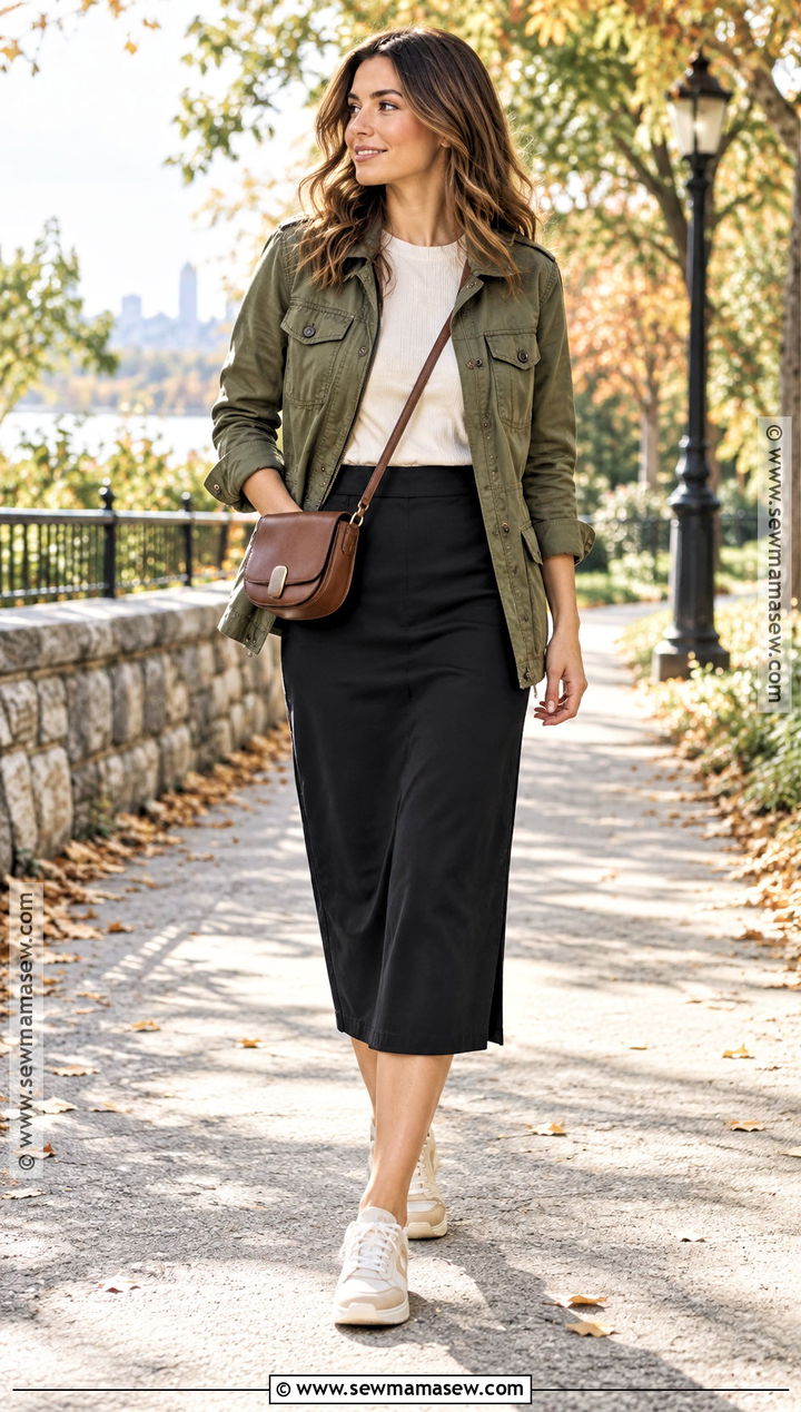 Minimal Fall Outfit With Utility Jacket And Midi Skirt - 15 Minimal Fall Wardrobe Ideas