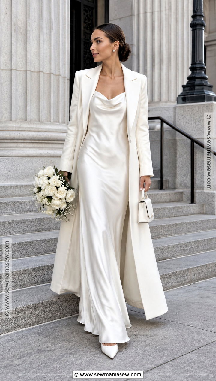 Minimalist Satin October Wedding Gown With Coat - 15 October Wedding Gowns