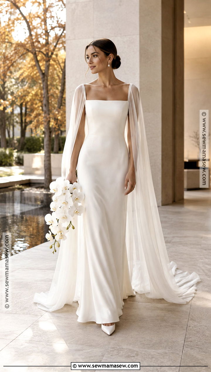 Minimalist Silk Fall Wedding Dress With Cape - 15 Fall Wedding Dress Bride Ideas