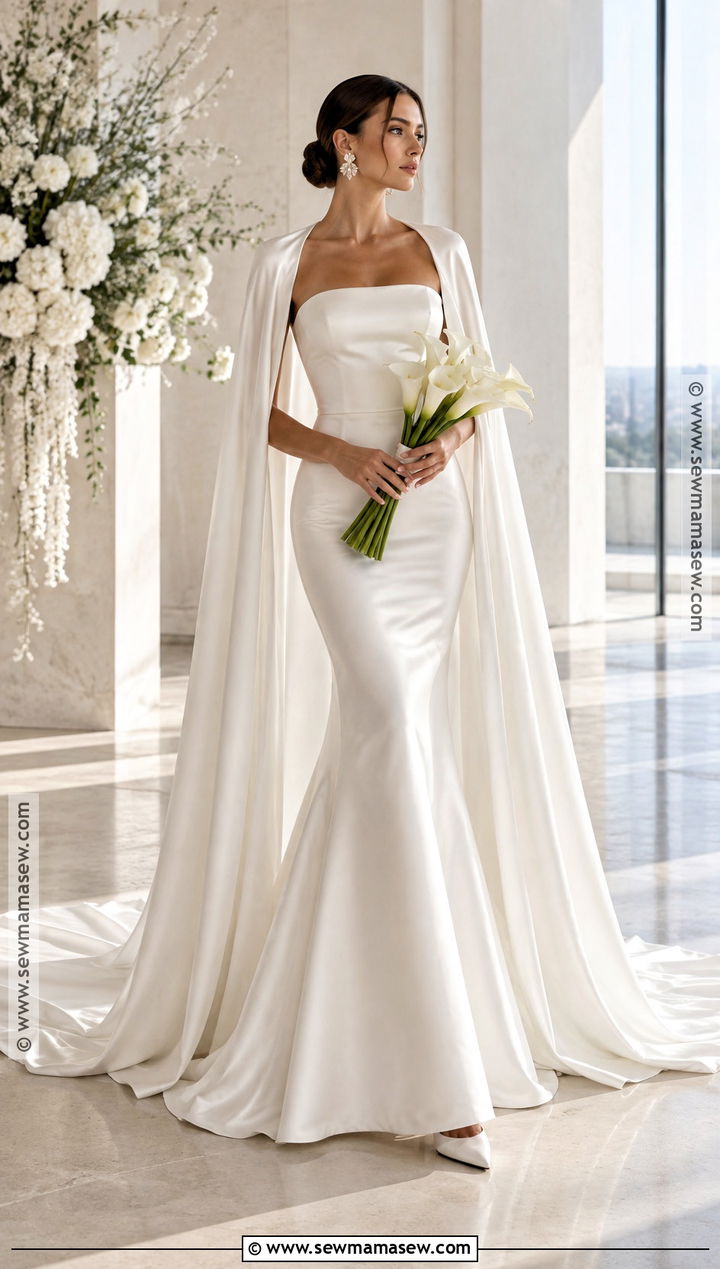 Minimalist Silk Mermaid Wedding Dress With Cape - 15 Fall Mermaid Wedding Dress Ideas