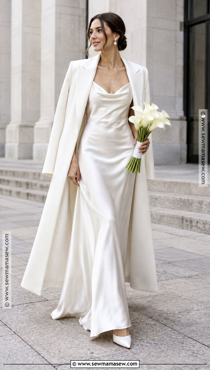 Minimalist Slip Bridal Dress With Coat - 15 autumn bridal dress ideas