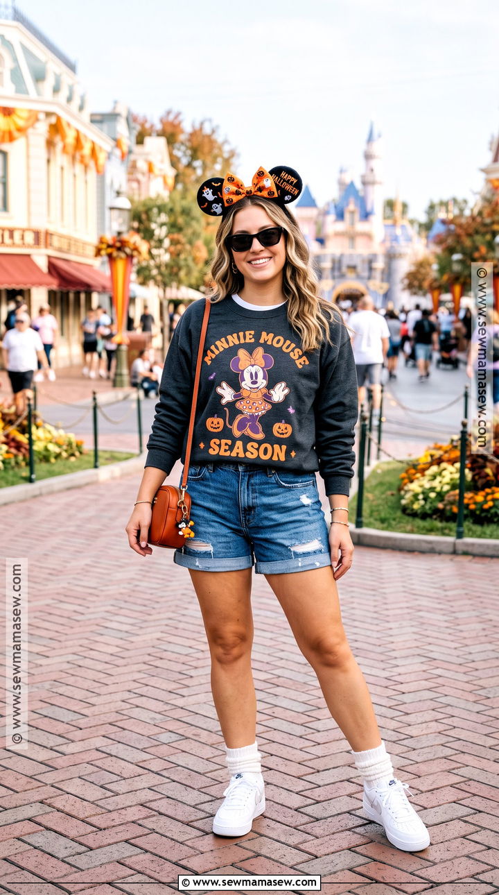 Minnie Halloween Sweatshirt And Denim Shorts Disney Outfit - 25 october disney outfits