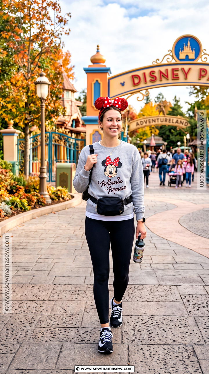 Minnie Mouse Sweatshirt And Black Leggings Outfit - 20 Disney Outfits Women Fall