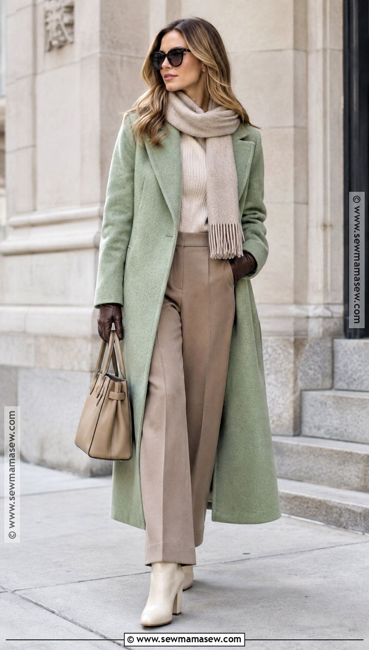 Mint Green Coat With Neutral Knitwear - 15 Mint Green Fall Outfit Ideas