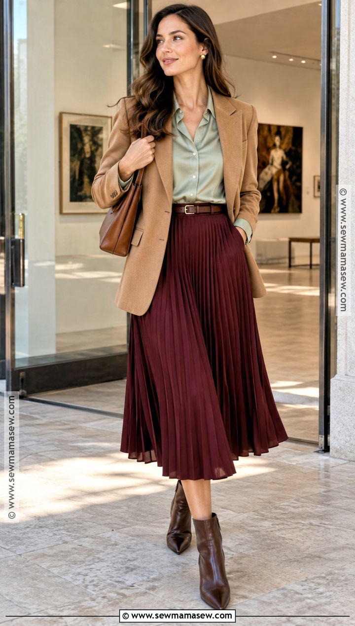 Mint Green Shirt With Burgundy Midi Skirt - 15 Mint Green Fall Outfit Ideas