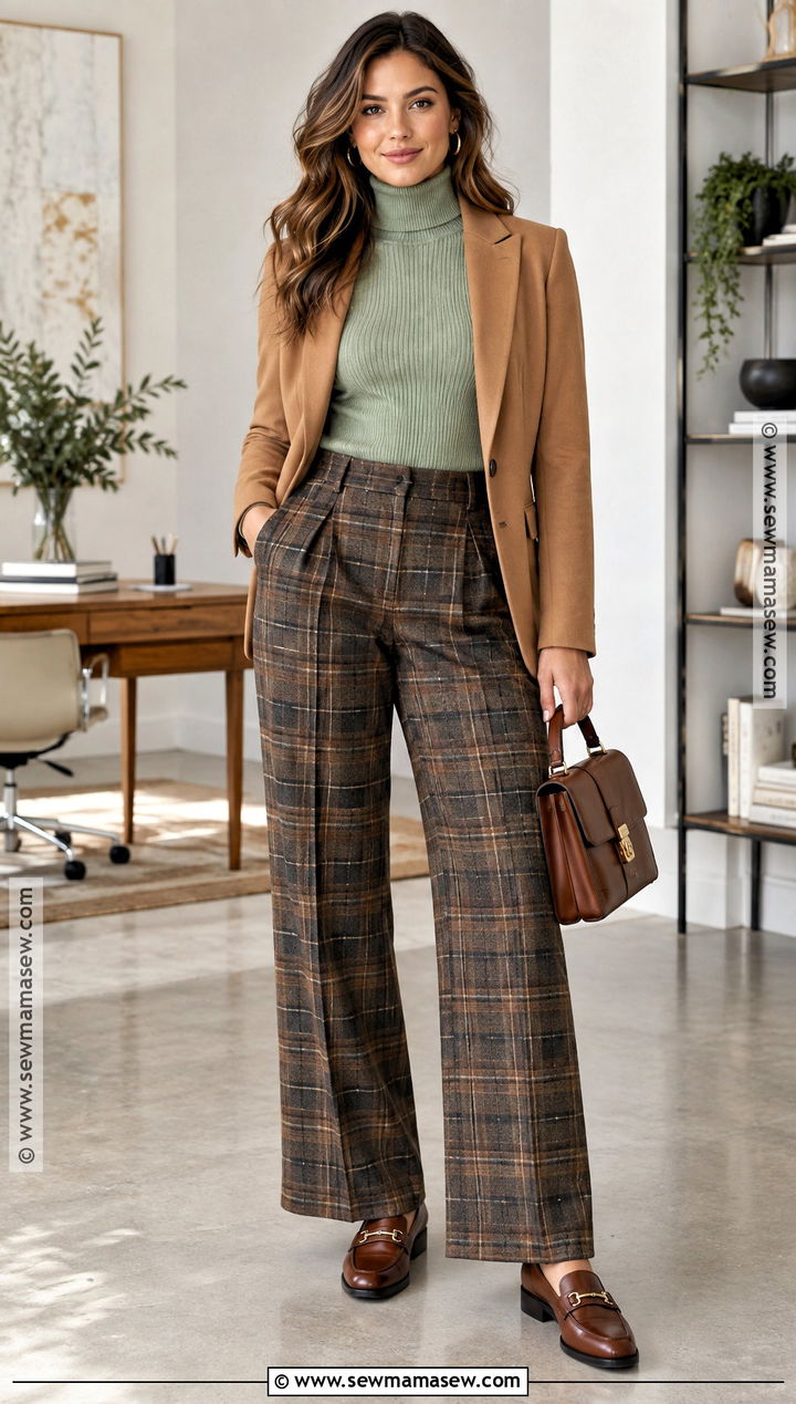 Mint Green Turtleneck With Plaid Pants - 15 Mint Green Fall Outfit Ideas