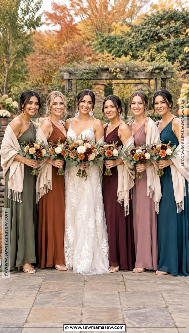 Mismatched Bridesmaid Dresses With Neutral Pashmina Wraps - 15 wedding shawls and wraps fall bridal party ideas