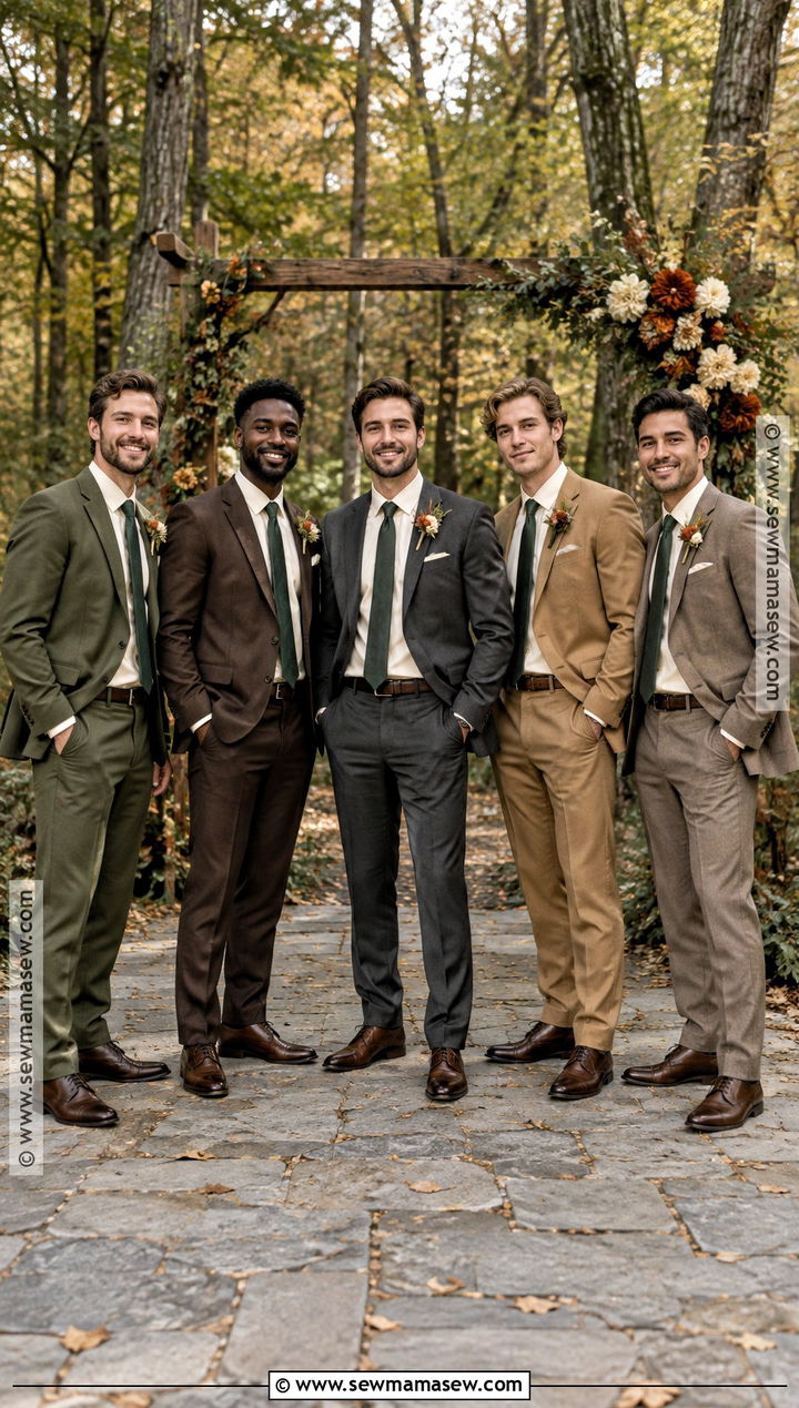 Mismatched Earth Tone Groomsmen Suits With Cream Shirts - 15 groomsmen attire autumn wedding ideas
