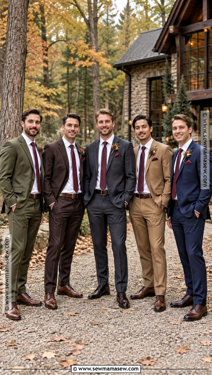 Mismatched Earth Tone Groomsmen Suits - 15 groomsmen attire for fall wedding ideas