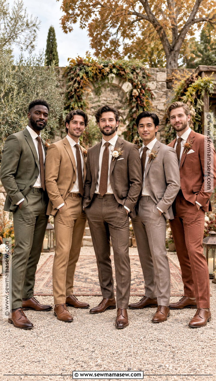 Mismatched Earth Tone Suits With Neutral Shirts - 15 fall boho groomsmen attire ideas