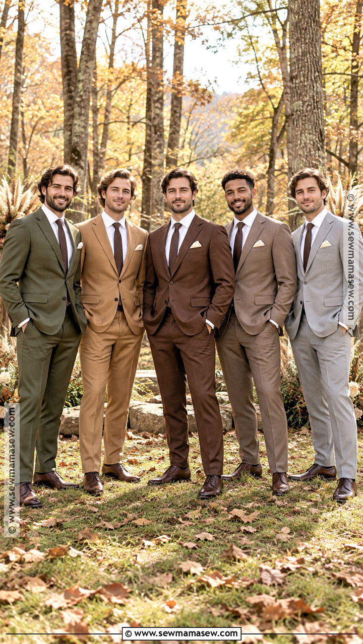 Mismatched Earth Tone Suits - 20 groomsmen fall wedding attire ideas