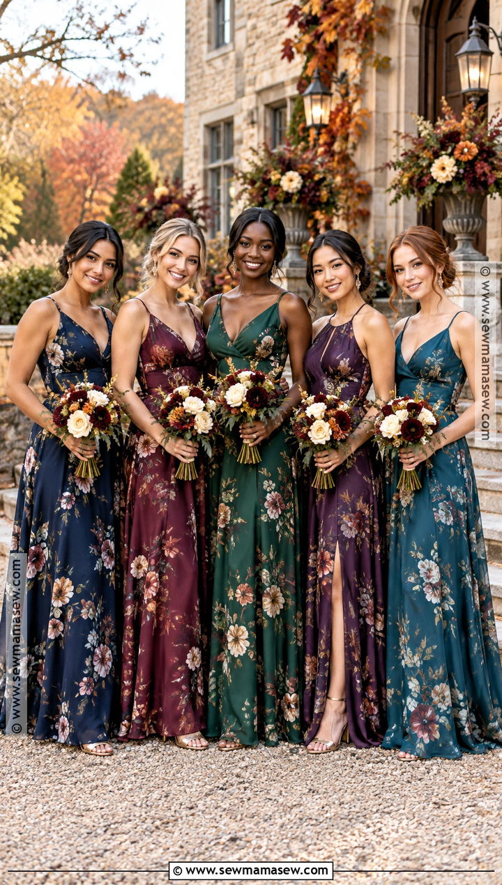 Mismatched Jewel Tone Floral Bridesmaid Dresses - 15 floral bridesmaid dresses fall