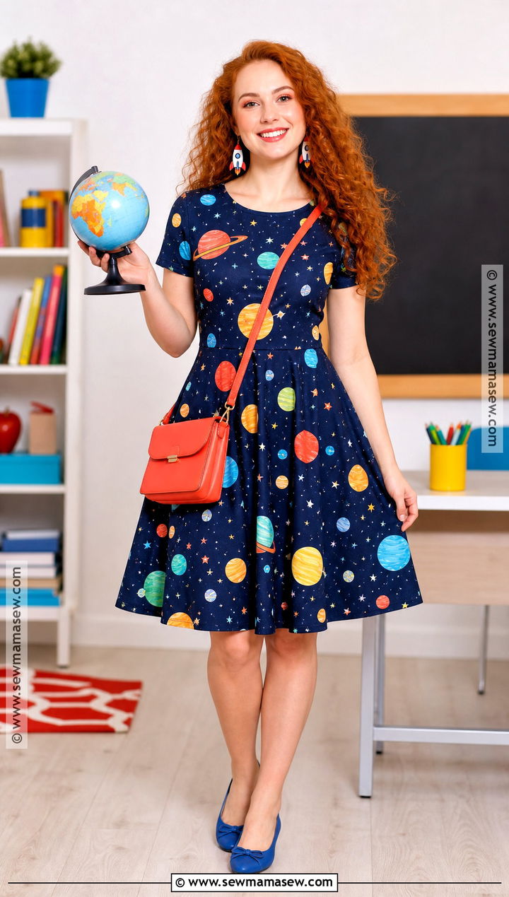 Miss Frizzle Costume With Printed Dress - 40 curly hair halloween costume ideas