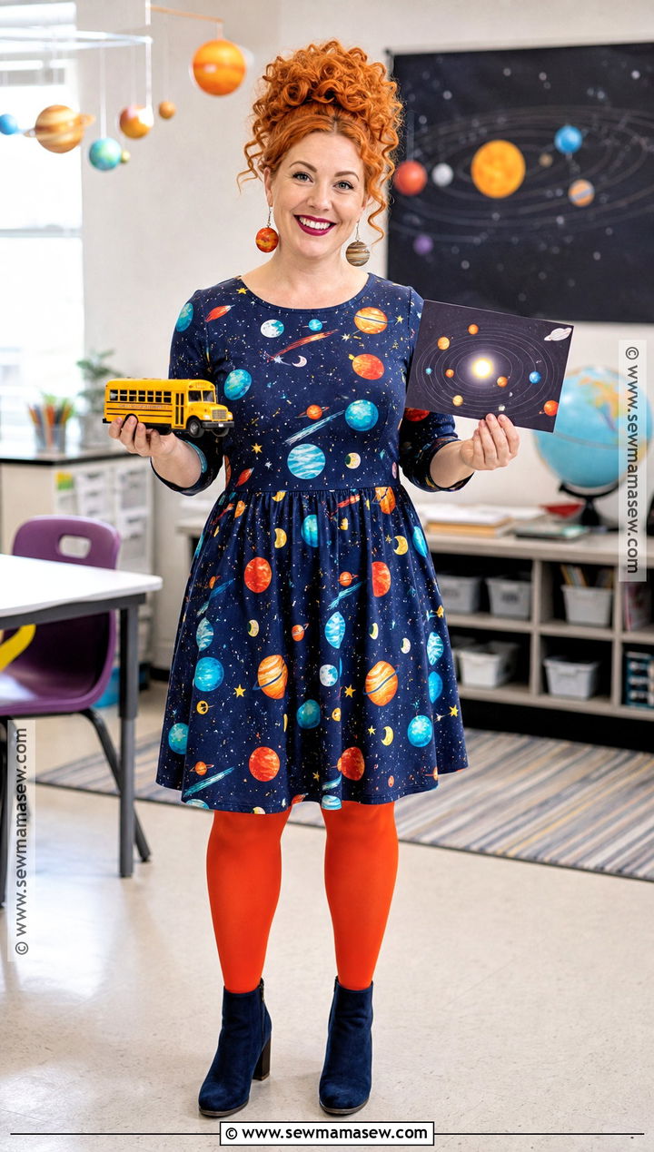 Miss Frizzle Costume With Space Print Dress - 30 teacher book character costumes