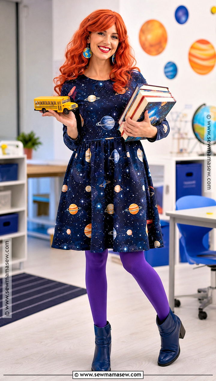 Miss Frizzle Costume With Space Print Dress - 30 teacher book week costume ideas