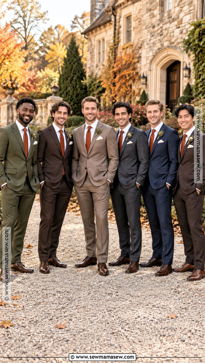 Mixed Earth Tone Groomsmen Suits - 15 autumn groomsmen attire ideas