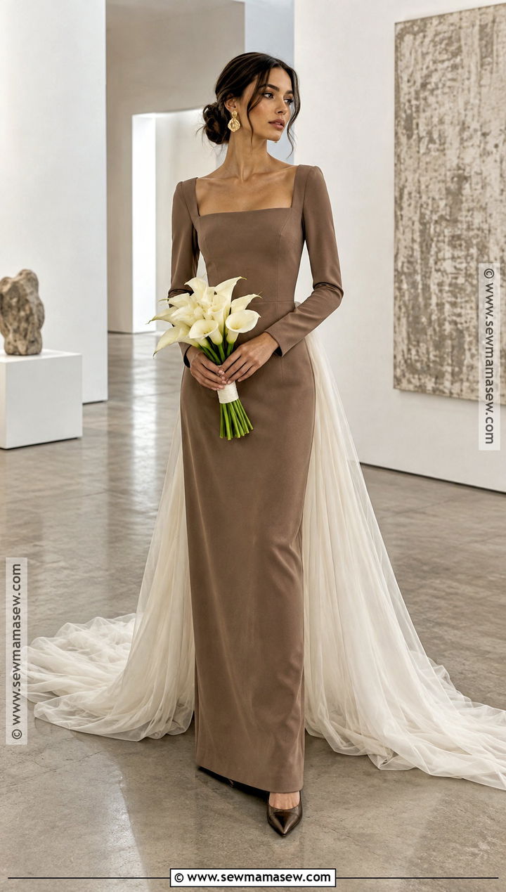 Mocha Crepe Fall Wedding Dress - 20 fall color wedding dress ideas