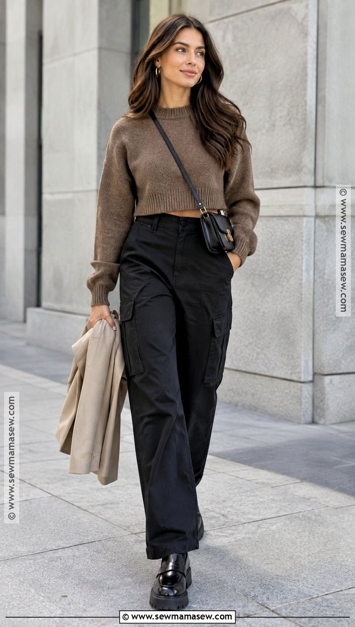 Mocha Cropped Sweater With Black Cargo Pants - 15 Cute Fall Sweater Ideas