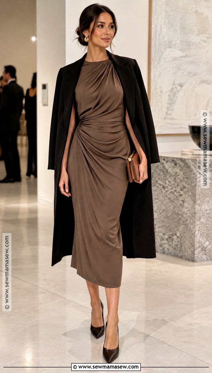 Mocha Draped Midi Cocktail Dress - 25 fall cocktail dress ideas