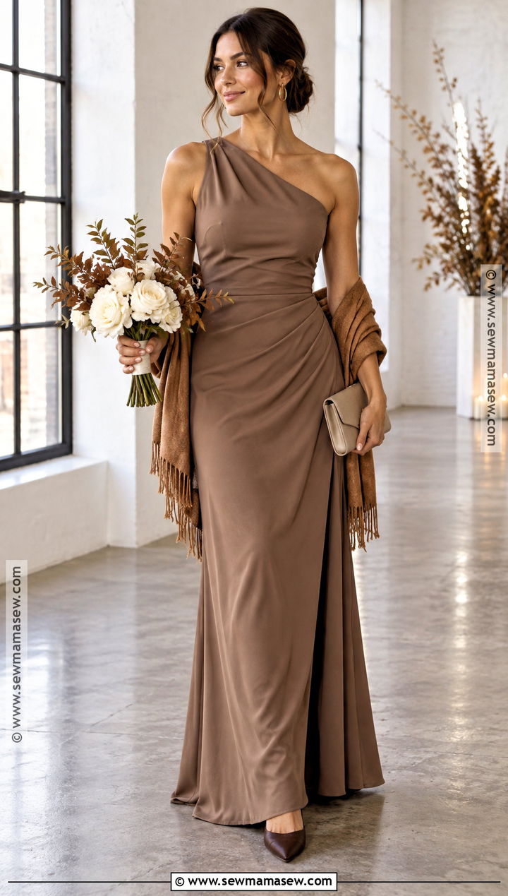 Mocha One Shoulder Fall Bridesmaid Dress - 15 Neutral Bridesmaid Dresses Fall