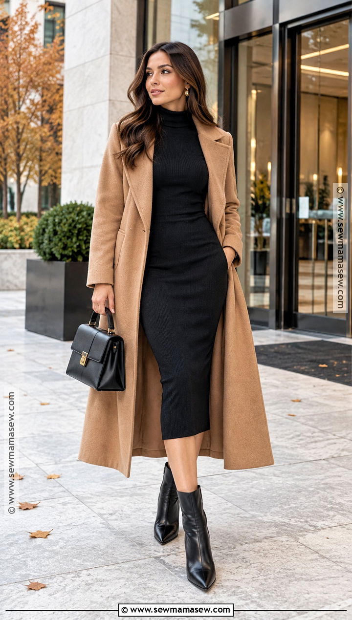 Mock Neck Bodycon Dress With Camel Coat - 20 Fall Bodycon Dress Outfit Ideas