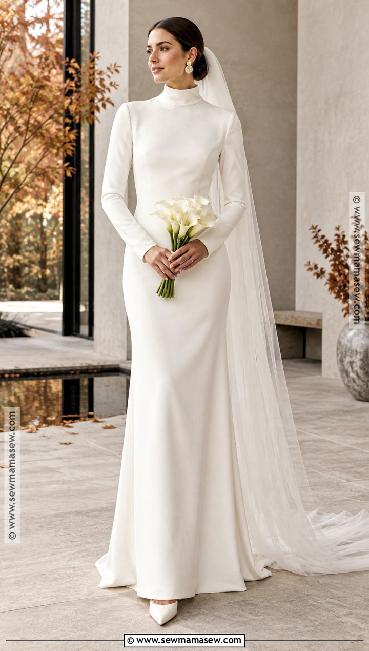 Mock Neck Long Sleeve Column Wedding Dress - 15 fall long sleeve wedding dress ideas