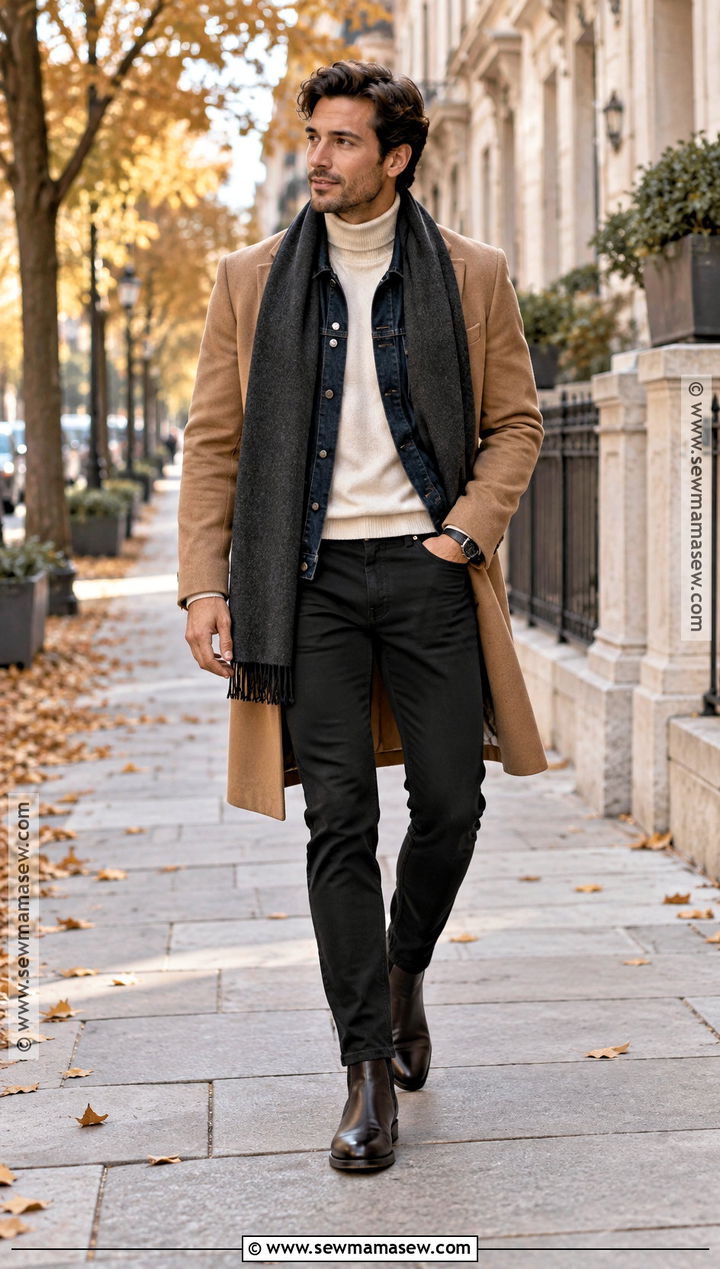 Mock Neck Sweater Denim Jacket and Overcoat Fall Outfit - 15 fall layering outfits for men