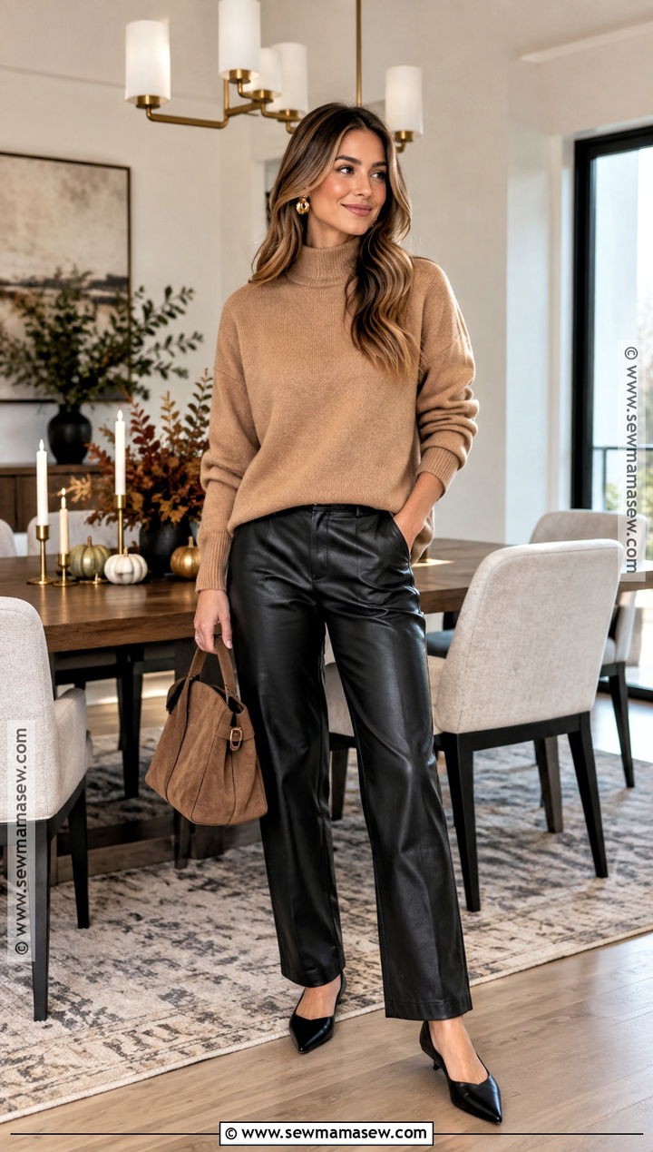 Mock Neck Sweater Thanksgiving Outfit With Faux Leather Pants - 25 Thanksgiving Dinner Outfit Women Casual Ideas