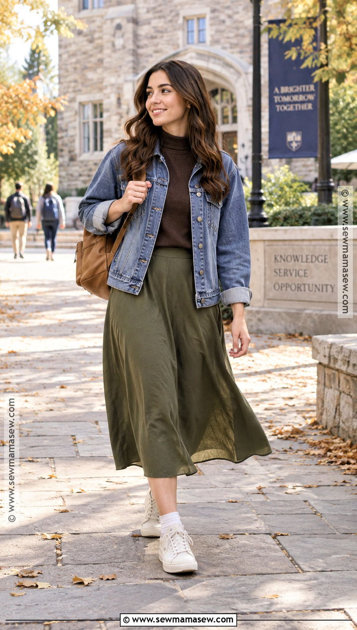 Mock Neck Sweater With A Midi Skirt And Sneakers - 15 comfy fall college outfits