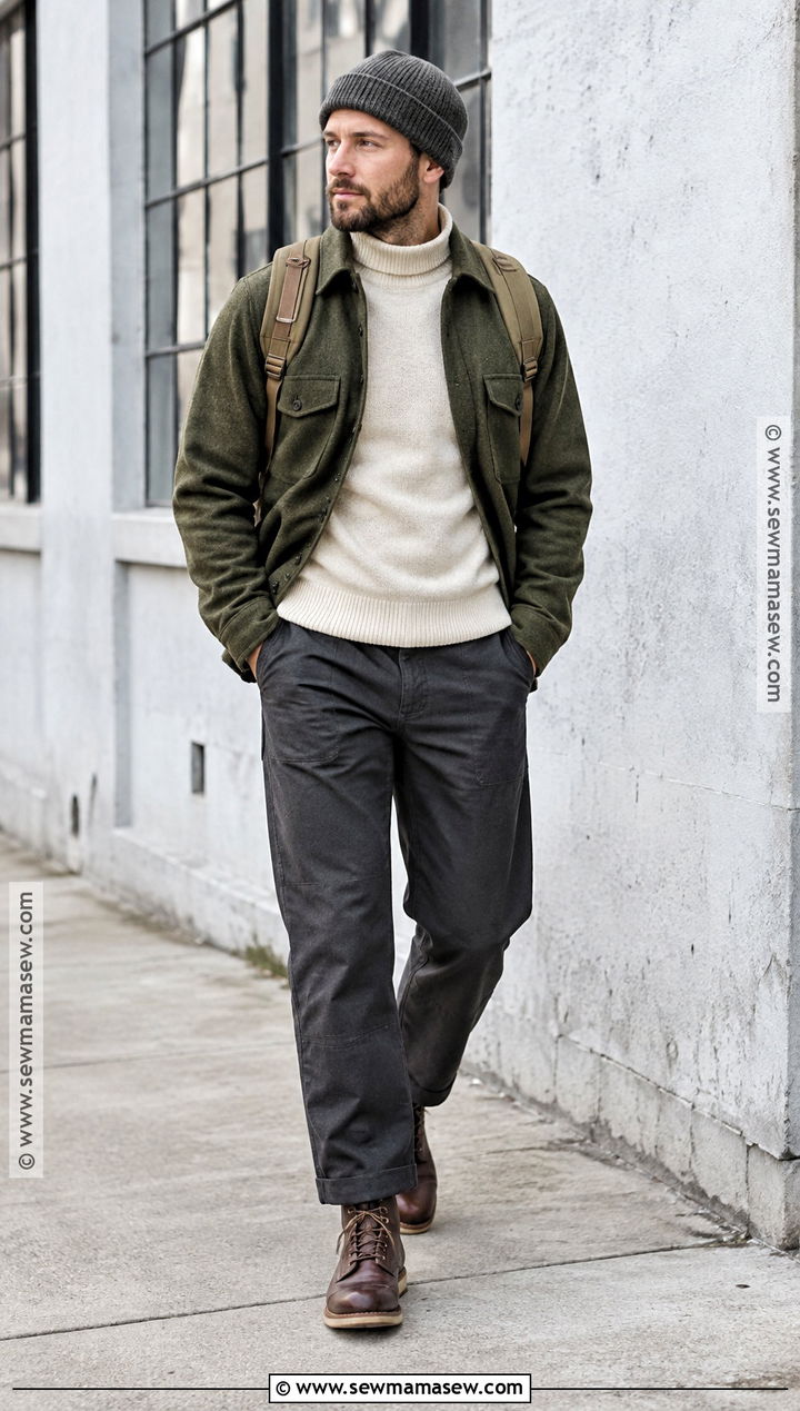 Mock Neck Sweater With Overshirt And Work Pants - 15 fall outfits men autumn sweaters
