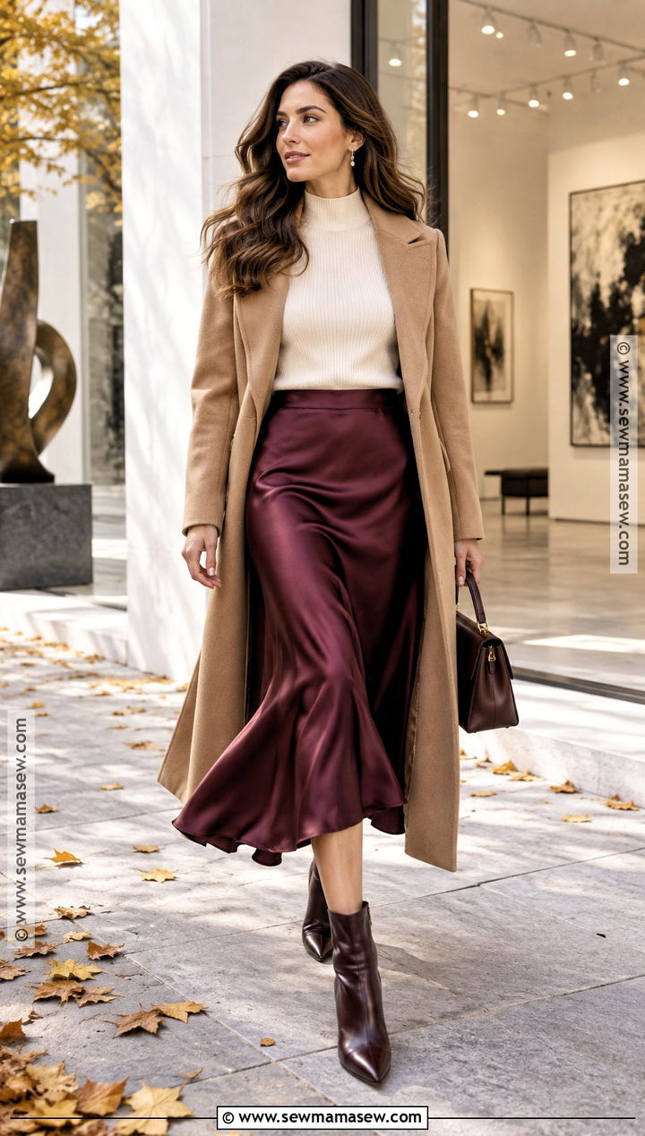 Mock Neck Sweater With Satin Midi Skirt - 30 sweater weather ideas
