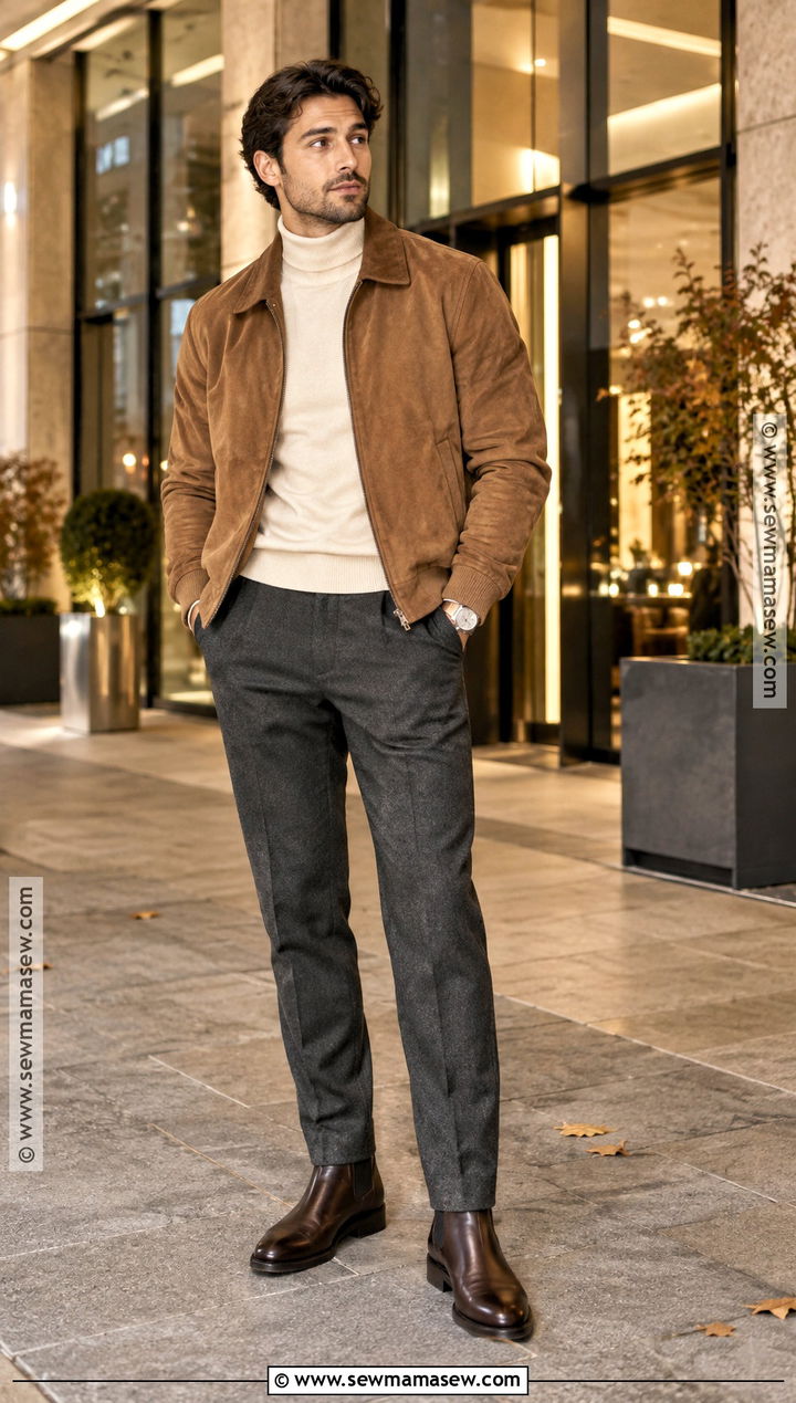 Mock Neck Sweater With Suede Jacket And Wool Pants - 15 mens fall sweaters outfits