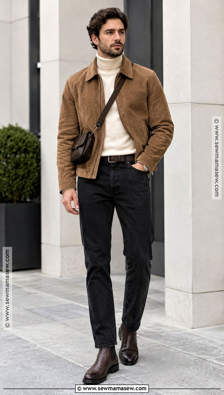 Mock Neck Sweater With Suede Jacket - 15 Fall Sweaters for Men