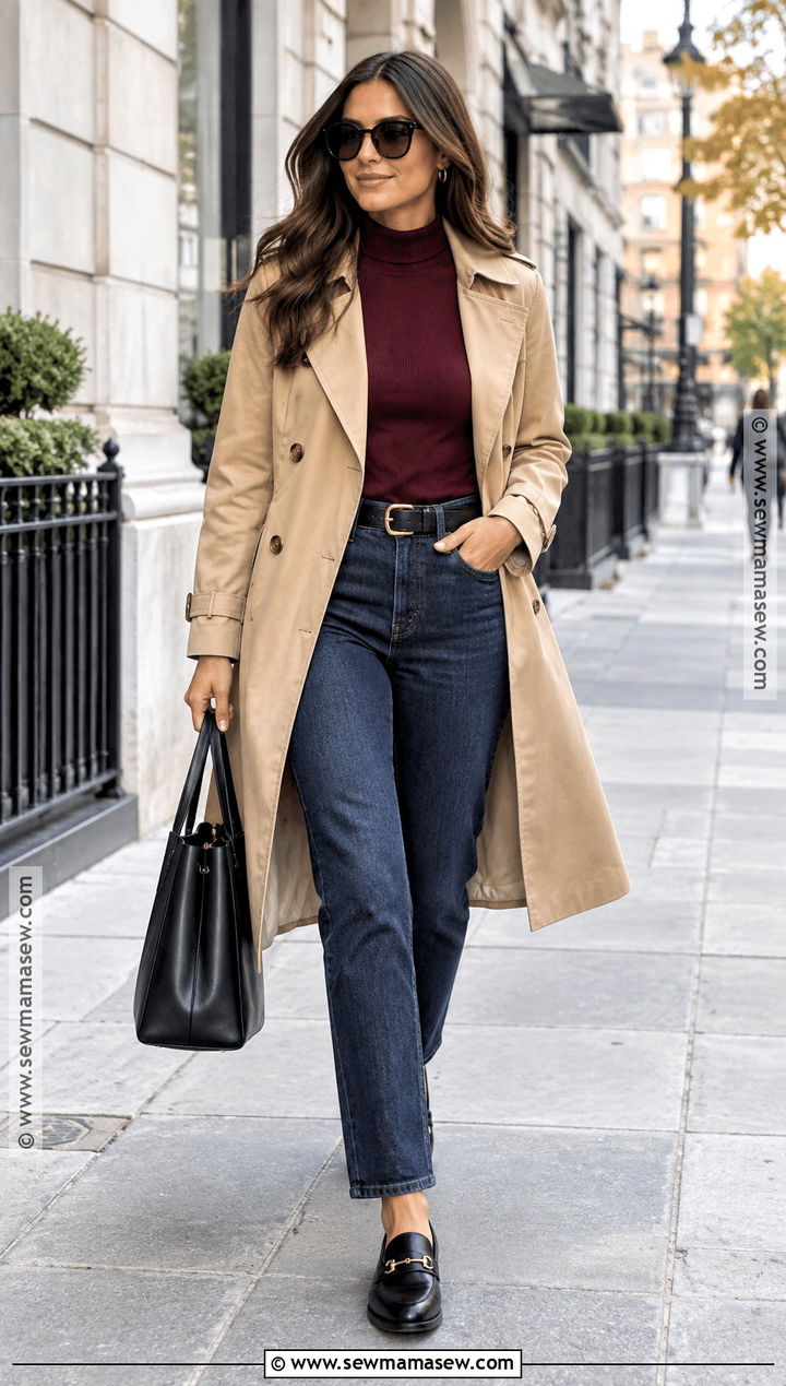 Mock Neck Sweater With Trench Coat And Jeans - 25 fall sweater outfits