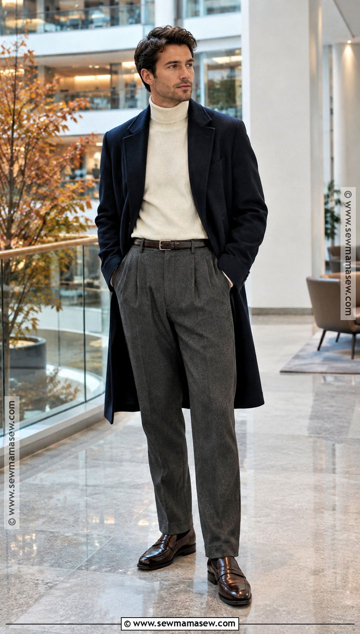 Mock Neck Sweater and Pleated Trousers Business Casual Outfit - 20 fall business casual outfits for men