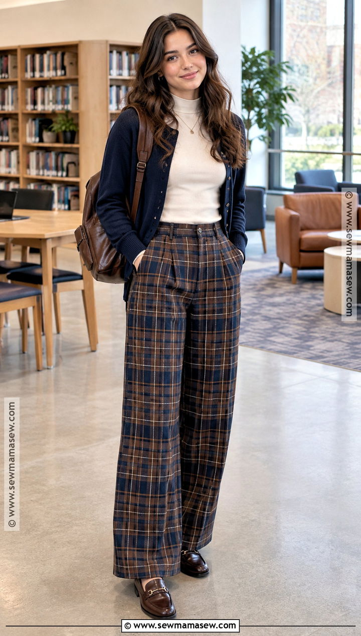 Mock Neck Top And Plaid Pants Fall School Outfit - 30 fall outfits for school