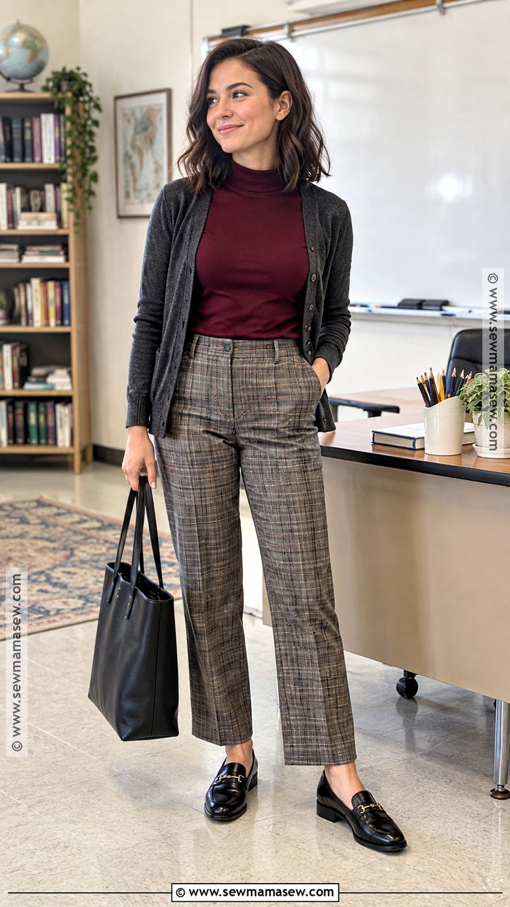 Mock Neck Top And Plaid Pants Fall Teacher Outfit - 20 fall outfit ideas for teachers