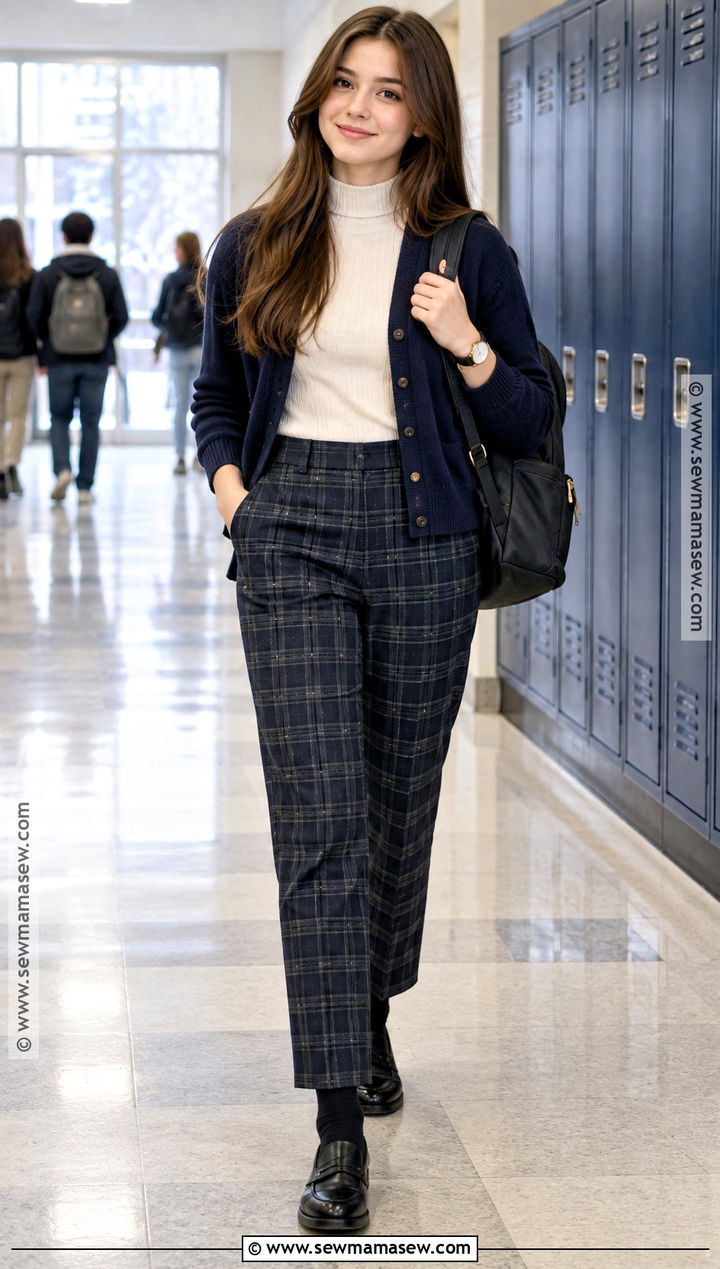 Mock Neck Top And Plaid Trousers Uniform Outfit - 20 uniform back to school outfits
