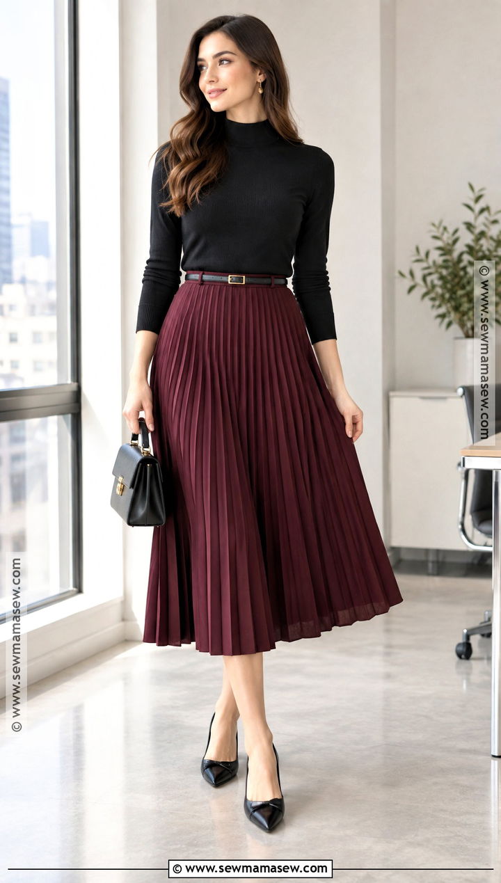 Mock Neck Top And Pleated Skirt Office Outfit - 20 fall business casual outfits office wear