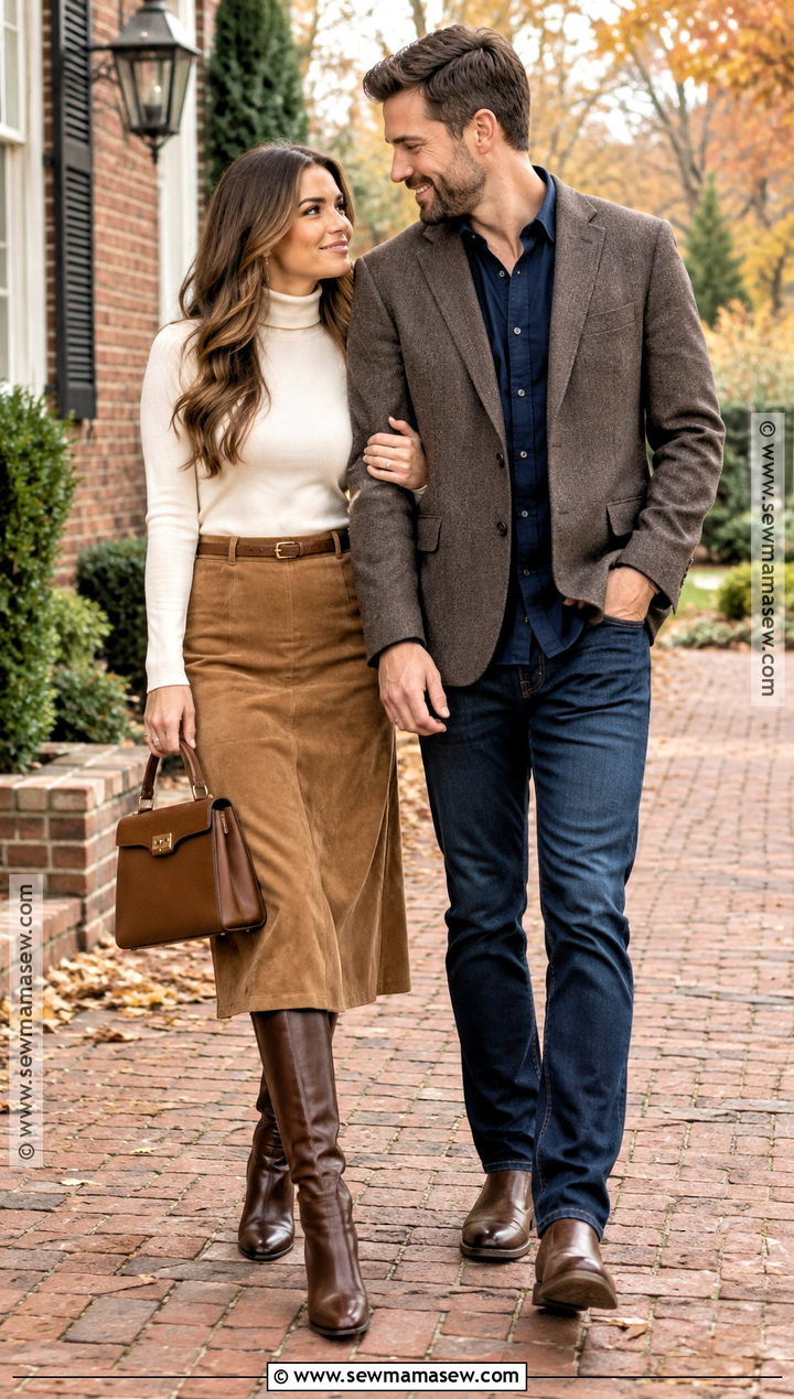 Mock Neck Top And Suede Skirt Fall Engagement Photo Outfit - 25 engagement photos outfits fall