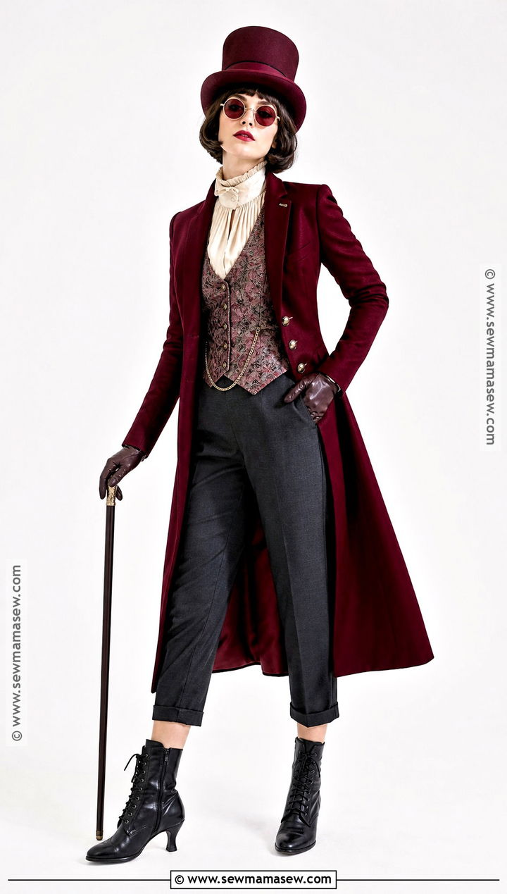 Modern Willy Wonka Costume With Burgundy Coat - 35 Willy Wonka Costume Ideas for Women