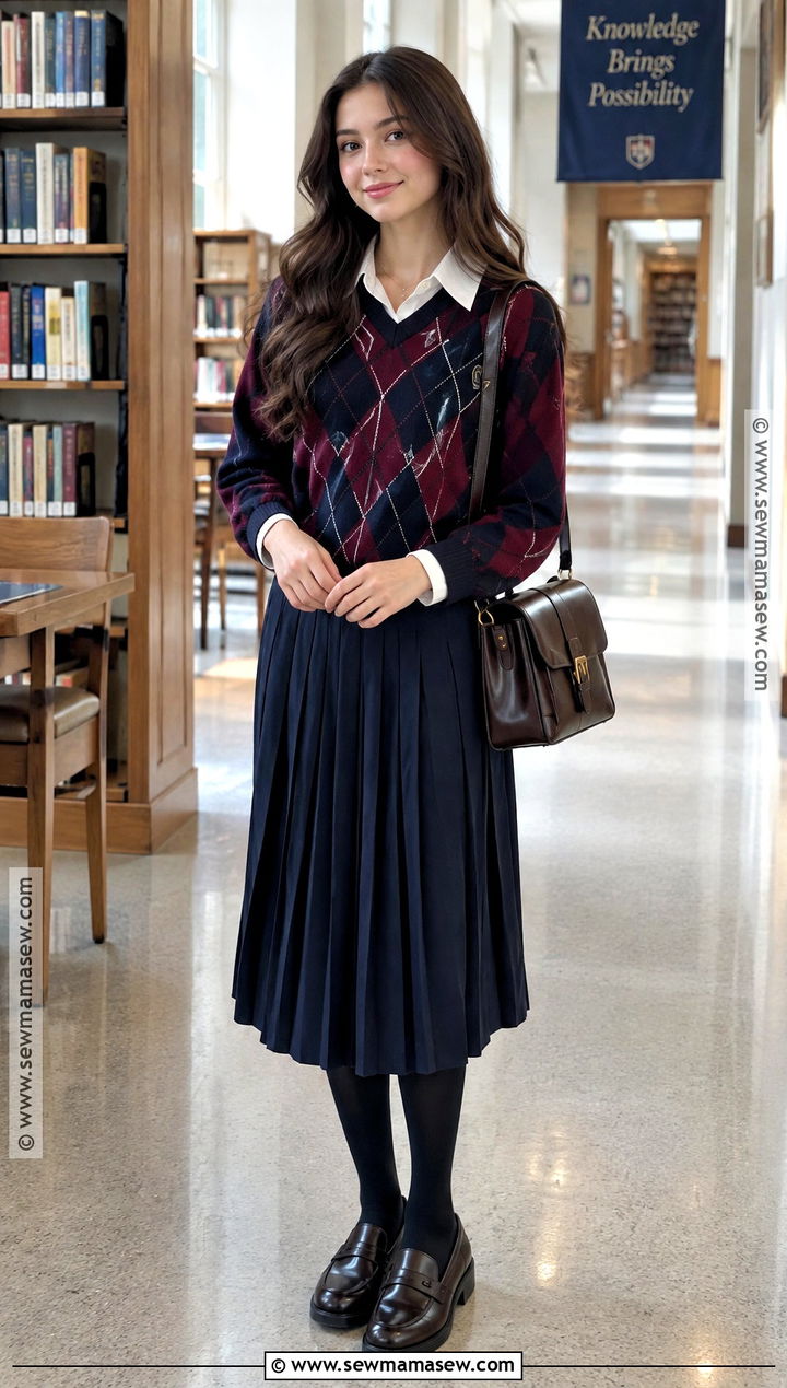 Modest Argyle Sweater And Pleated Midi Skirt Outfit - 20 Back To School Modest Outfits