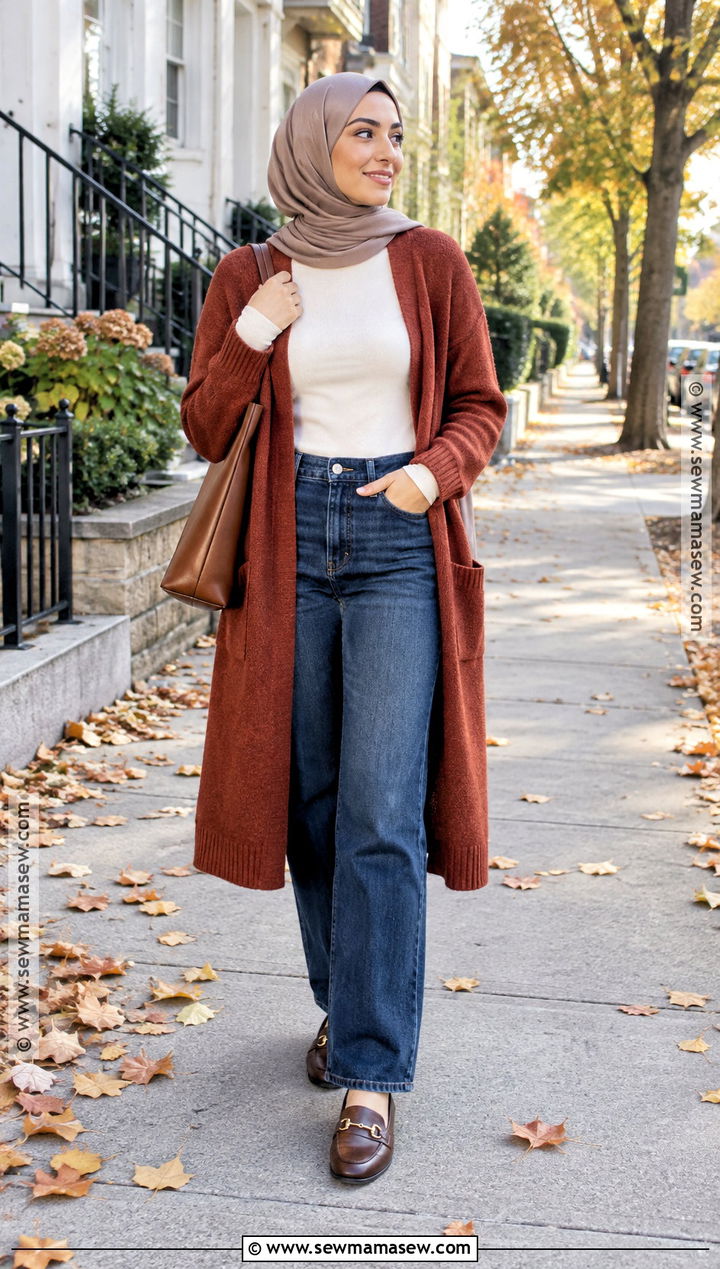 Modest Autumn Cardigan And Straight Leg Jeans Outfit - 25 modest autumn outfits