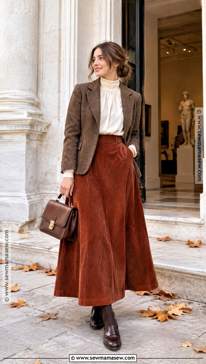 Modest Autumn Corduroy Skirt And Blouse Outfit - 25 modest autumn outfits